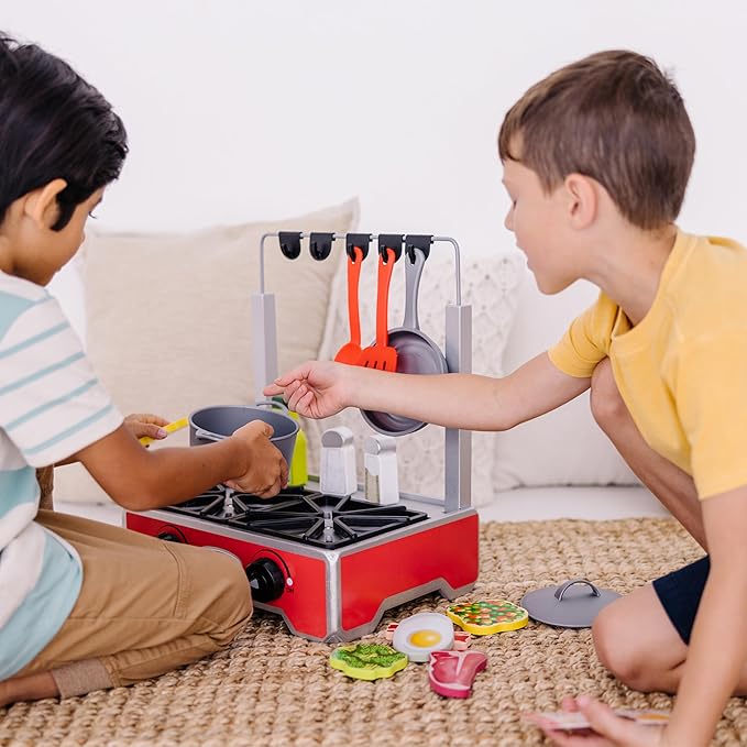 Melissa & Doug 19-Piece Deluxe Wooden Cooktop Set with Wooden Play Food, Durable Pot and Pan