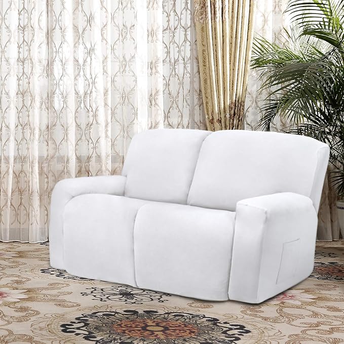 Easy-Going 6 Pieces Microfiber Stretch Sectional Recliner Sofa Slipcover Soft Fitted Fleece 2 Seats Couch Cover Washable Furniture Protector with Elasticity for Kids(Recliner Loveseat, Snow White)
