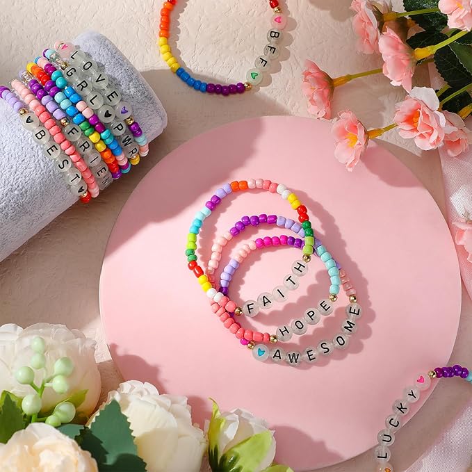 Cunno 36 Pcs Kids Friendship Bracelets for Girls Letter Heart Beads Bracelets Stretchy Cute Bracelet Pretend Play Beaded Bracelets Inspirational Bracelets for Kids (Delicate Style)