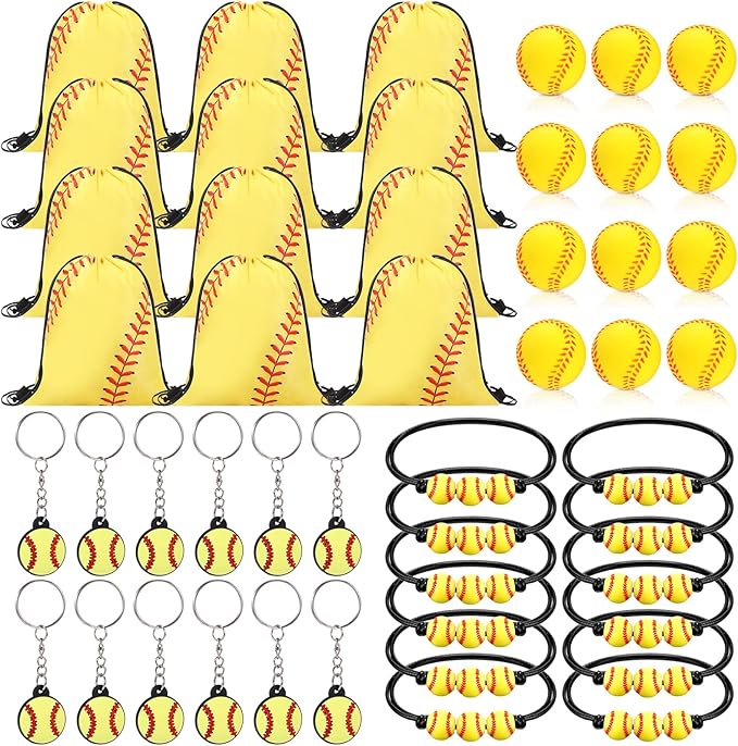 Poen 48 Pcs Softball Party Favors Softball Themed Supplies Include 12 Softball Drawstring Backpack 12 Mini Softball 12 Softball Keychain 12 Softball Wax Thread Braided Bracelet Inspirational Team Gift