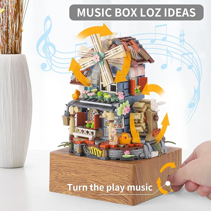 Windmill Building Toy Windmill House Music Box Building Blocks Set Flowers Windmill House for Best Gift Adults and Kids Anniversary Birthday