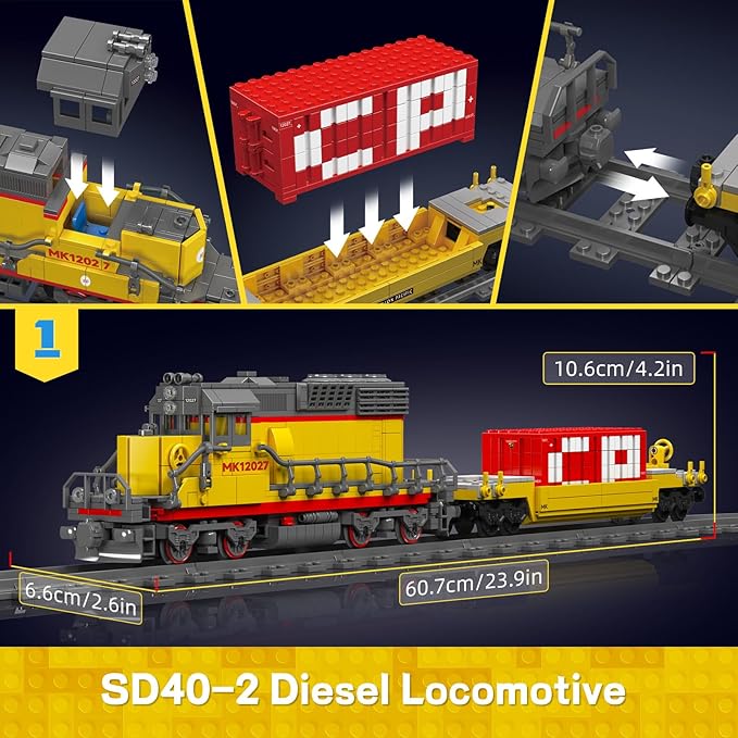 Mould King 12027 Diesel Locomotive Train Building Sets with a Semi-Trailers, Cranes, Remote/App Control Engineering Toy Kit, Scale Model with Trains Tracks for Adults Kids (1170 Pieces)