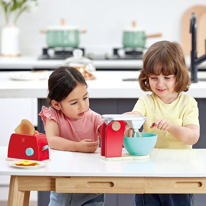 Hape: Wooden Mix & Bake Set - Red - Wooden Kitchen Toy Appliance, Pull String Spinning Blades, Realistic Baking, Interactive Pretend Play, Kids Age 3+
