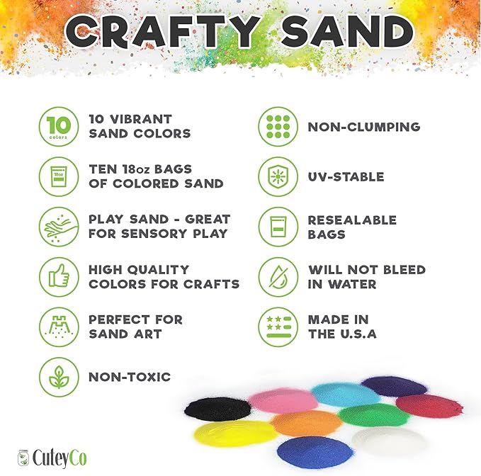 CuteyCo Crafty Sand Pack - 10 Colors: 11 lbs of Vibrant Craft Sand & Play Sand