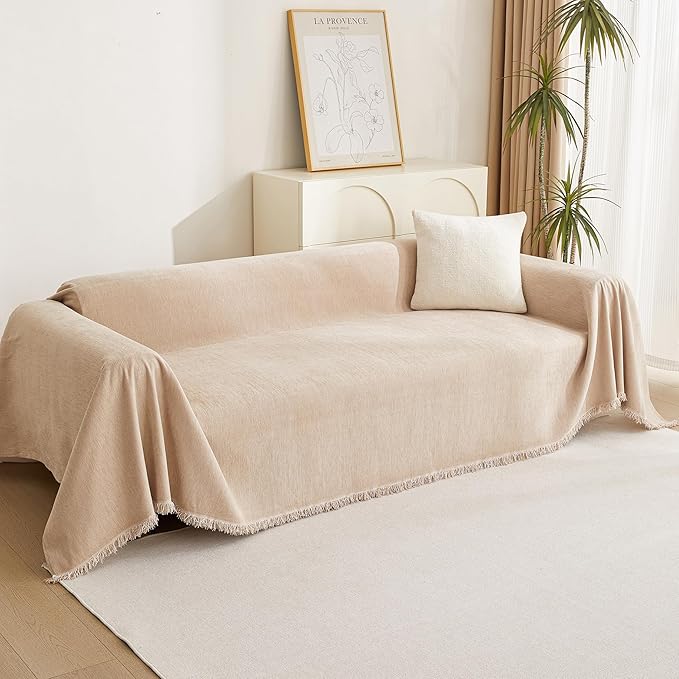 MYSKY HOME Dog Sofa Covers Khaki Couch Cover for 2 Cushion Couch Sofa Tassel Edge L-Shaped Sofa Slipcovers, Loveseat Couch Cushion Cover, Sofa Throw Covers, Furniture Covers for Pets, 91"x 118"