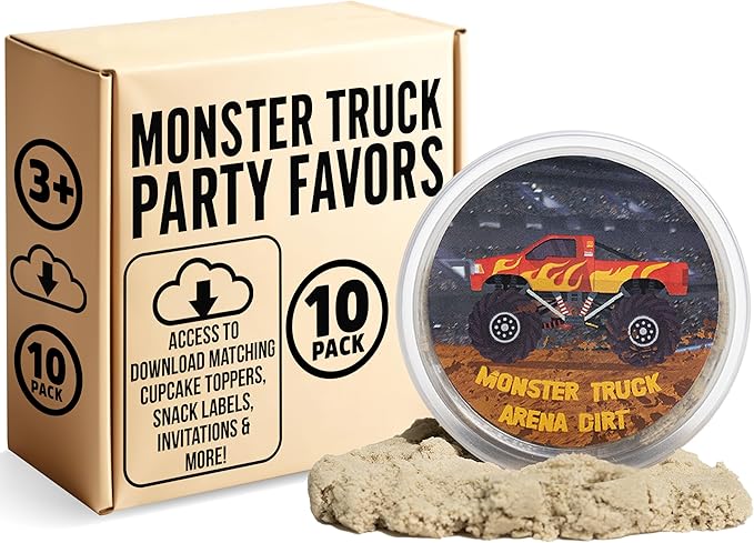 Monster Truck Party Favors - 10 Jars Quartz Sand - Monster Truck Sand - Sensory Sand for Kids-Includes Customizable Printable Monster Truck Cupcake Topper & Snack Labels-Creative Molding Sand