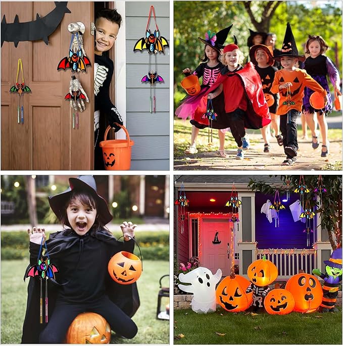 8 Pack Wind Chime Kit for Kids,Halloween Craft Kits Wooden 3D Bat Wind Chime Decorative Hanging Ornaments DIY Painting Craft for Boys Girls Halloween Activity Art Project