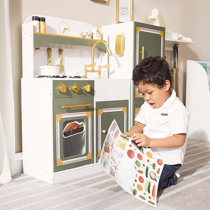 Teamson Kids Versailles Wooden Deluxe Play Kitchen Set Plus Refrigerator with Ice Dispenser and 15 Cookware Accessories, Olive Green