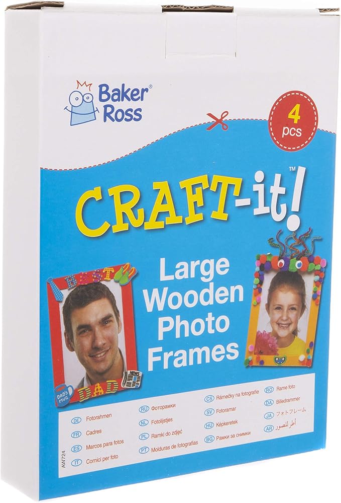 Baker Ross AW724 Large Wooden Photo Frames - Pack of 4, Creative Art and Craft Supplies for Kids to Make and Decorate