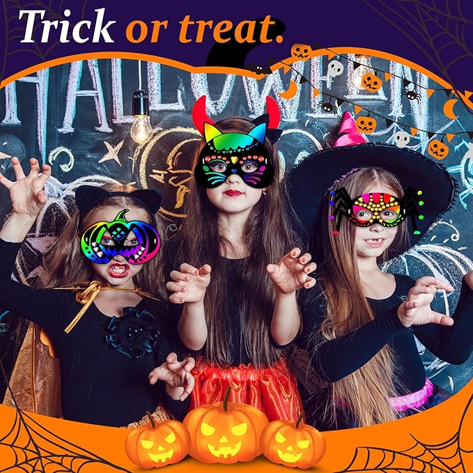 Natonhi 32Pcs Halloween Crafts for Kids Rainbow Scratch Mask, Halloween Games Scratch Art and Craft Kit Halloween Classroom Activities Favors Party Supplies