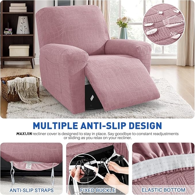 MAXIJIN Waterproof Recliner Covers for Large Recliner 3 Pieces Oversized Recliner Chair Covers, Washable Lazy Boy Reclining Slipcovers with Pockets for Pet, Kids (XL Recliner, Dusty Pink)
