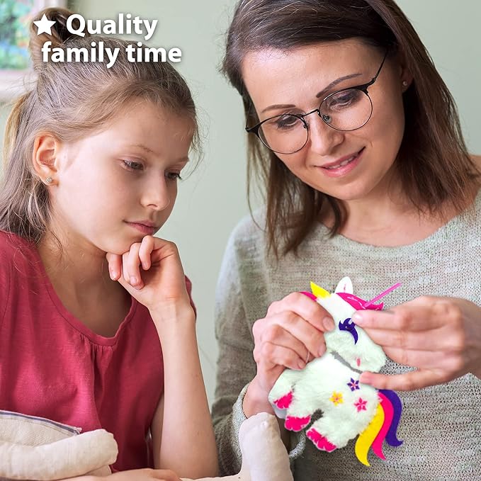 KRAFUN Unicorn Sewing Keyring Kit for Kids Age 7 8 9 10 11 12 Learn Art & Craft, Includes 6 Stuffed Animal Bear, Dog, Rabbit, Raccoon, Owl Dolls, Instruction & Felt Materials