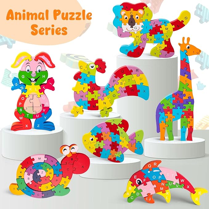 LovesTown Lion Wooden Puzzle, 26PCS Jigsaw Puzzle Alphabet and Number Blocks Animal Wooden Building Blocks for Kid Preschool Education