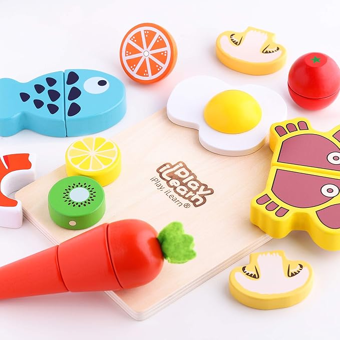 iPlay, iLearn Wooden Pretend Play Food, Cutting Cooking Set W/Chopping Board, Kitchen Vegetables Fruit Magnetic Toy, Early Learning Educational Gifts for 3, 4, 5, 6 Year Old Kids, Toddler, Boy, Girl