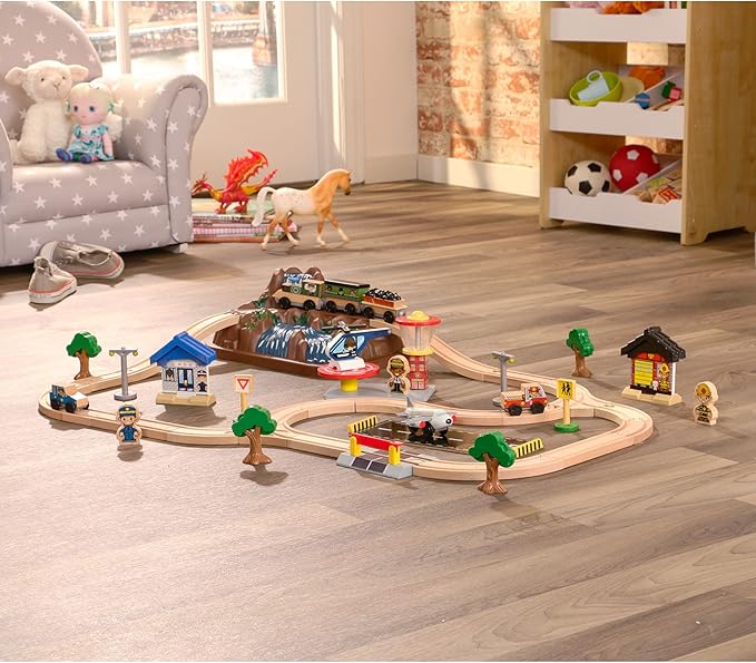 KidKraft Bucket Top Mountain Train Set with 61 Pieces, Magnetic Train, Wooden Tracks and Storage, Gift for Ages 3+