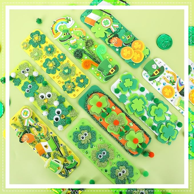 JULBEAR 36 Sets St. Patrick's Day Crafts Kits, Shamrock Bookmark Craft Kits DIY Blank Foam Bookmarks Decorations Leaf Foam Stickers Arts for Kids Classroom Activity St Patrick's Day Party Favors