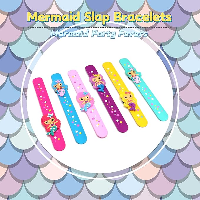 Silicone Mermaid Slap Bracelets - Cute Mermaid Theme Birthday Party Favors , Girls Party Favors Gifts Carnival Prizes Set （6 Pack
