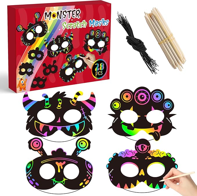 WATINC 28pcs Monster Scratch Mask Gift Set for Kids, Halloween Party DIY Magic Scratch Paper Monster Masks, Xmas Party Favors Craft Kit School Classroom Activity Art Project