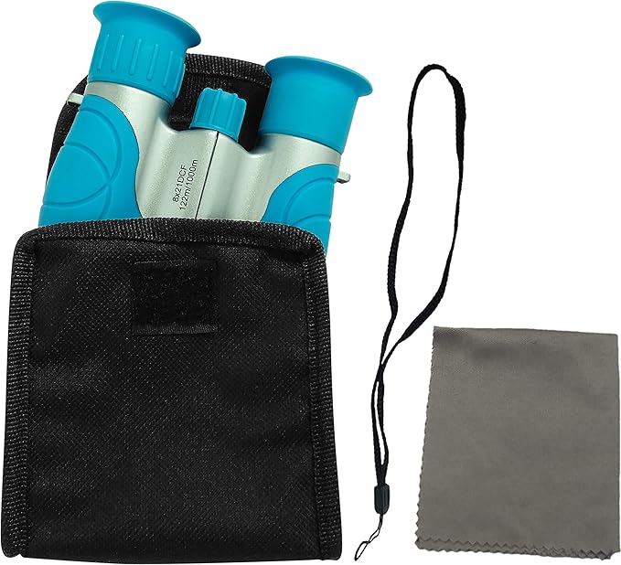 Multi-Piece Set Cargo Vest with Reflective Safety Straps, 1 8x21 Magnification Binoculars and Safari Hat for Boys and Girls (Small/Medium, Light Blue Vest, Hat and Binoculars)