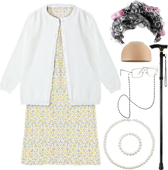 9 Pcs 100 Days of School Costume for Girls Old Lady Costume for Kids Grandma Wig Dress up Cosplay Accessories