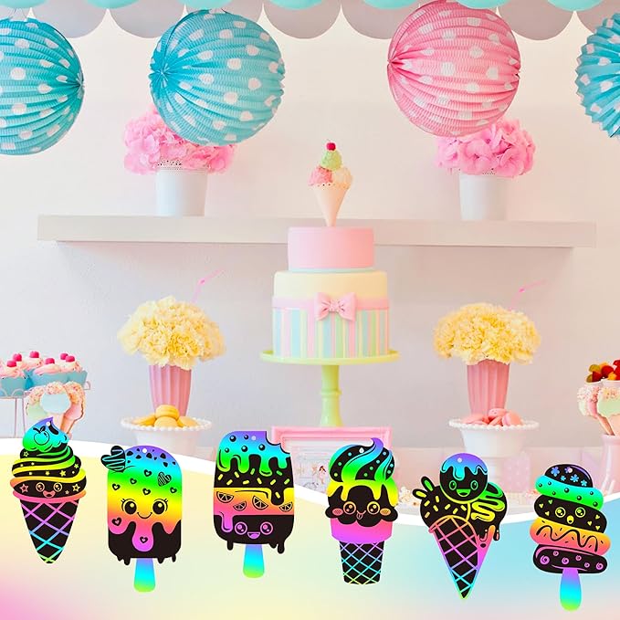 CY2SIDE Ice Cream Scratch Cards - 60PCS Summer Sweet Candy Ornament Scratch Crafts Card Gift Set for Kids Cones Magic Art Rainbow Color Craft Scratch Kit for Kids Birthday Party Favors School Activity