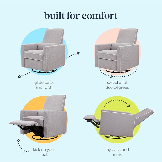 DaVinci Piper Upholstered Recliner and Swivel Glider in Grey with Cream Piping, Greenguard Gold & CertiPUR-US Certified