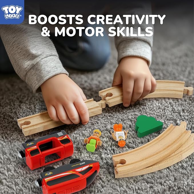 TOY Life Train Set 80pcs Train Toys with Crane & Locomotive Train, Train Set for Kids 4-8, Wooden Train Tracks Toy Train Set for Toddlers 3 4 5, Kids Train Set Gift Toy Fits Thomas, Brio Tracks