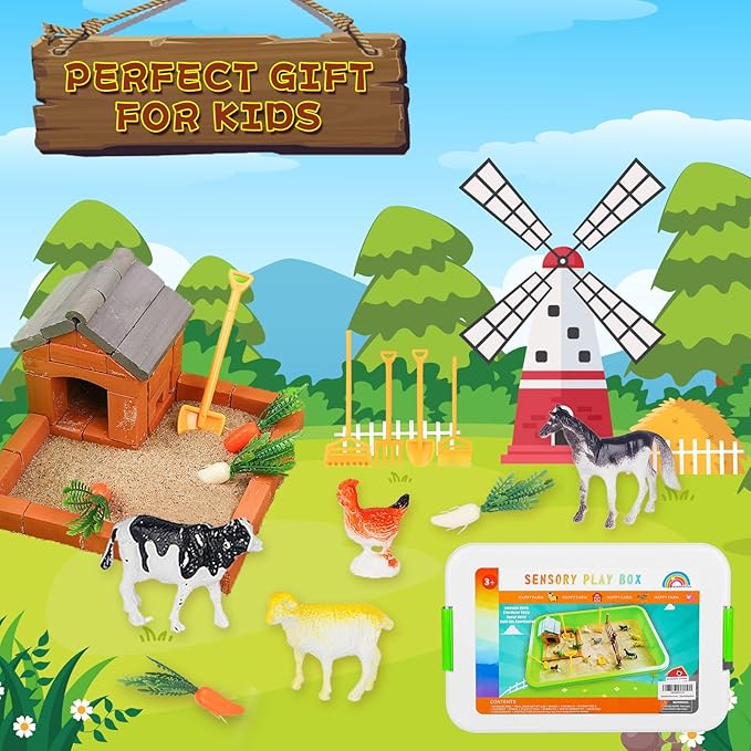 Farm Sensory Toys, Sensory Bins for Toddlers, Preschool Farm Sensory Toys with Sensory Sand, Bricks, Farm Animals, Farm Tools,Farm Sand Play Set for Boys and Grils……