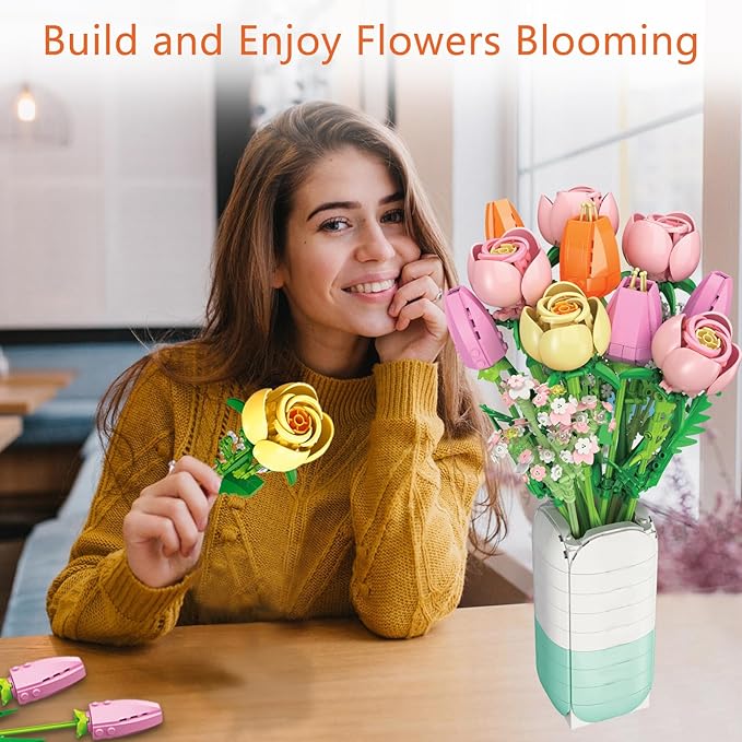 Flowers Bouquet Building Set - Christmas, Mother's Day, Valentine's, or Birthday Gift Ideal for Adult, Women, Girls and Boys, Compatible with Lego Flower, Tulips Toy Building Block with Vase(1011 PCS)