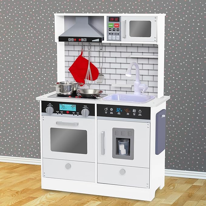 Lil' Jumbl Kids White Small Kitchen Set, Pretend Wooden Play Kitchen, Includes Range Hood, Microwave, Stove Top, Oven That Make Realistic Sound & Light, Pots, Pan, Cutting Board & Utensils Included,