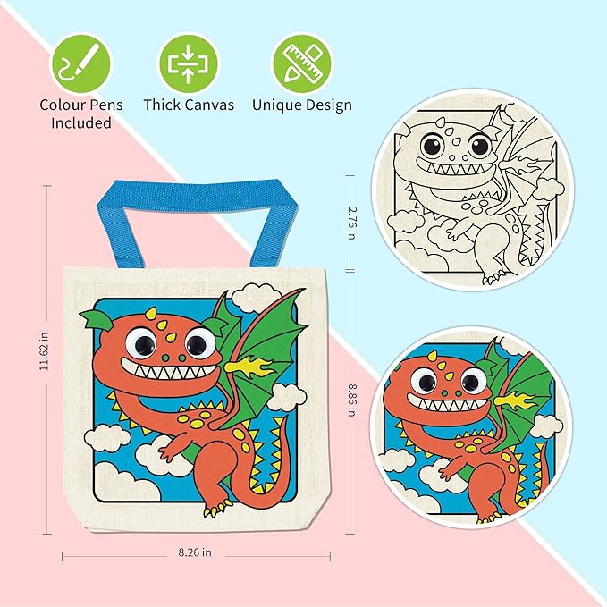 8 Pieces Kids Coloring Goodie Bags, Reusable Canvas Bag, Cute Art Party Favors, Color Your Own Bags for DIY Painting Birthday Carnival Celebration, Party Supplies Gift, Boys