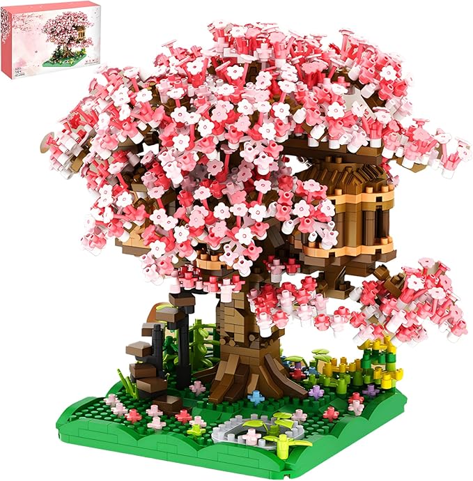 Cherry Blossom Bonsai Tree House Building Blocks Set Plants Pink Flowers Treehouse Architecture Micro Mini Block Gift for Adults and Children 1500 Pieces