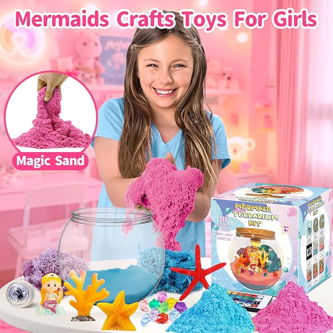 Mermaid Terrarium Kit for Kids, Light Up Terrarium Arts & Crafts Kit with Mermaids Toy for Girls, Fun DIY Mermaid Arts and Crafts Projects, Birthday Gifts for Girl Ages 3 4 5 6 7 8 9 10 11 12 Year Old