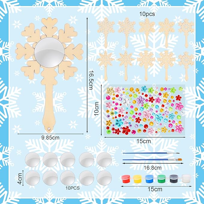 Fennoral 10 Pack Wooden Mirror Craft for Kids Decorate You Own Snowflake Mirrors for Girls DIY Paint Snowflake Crafts Wooden Hand Mirror for Art Activities Birthday Winter Christmas Gifts