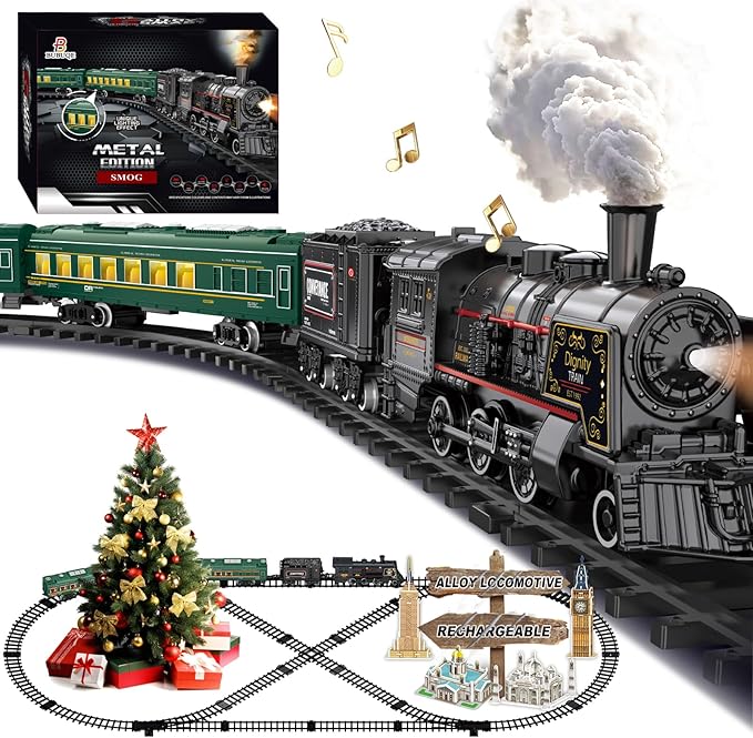 Electric Train Sets for Kids Metal Alloy Christmas Train Toys Steam Locomotive, Glowing Passenger Carriages, Luxury Tracks, Light & Sounds Rechargeable Birthday Gifts for Boys Girls Red Green …