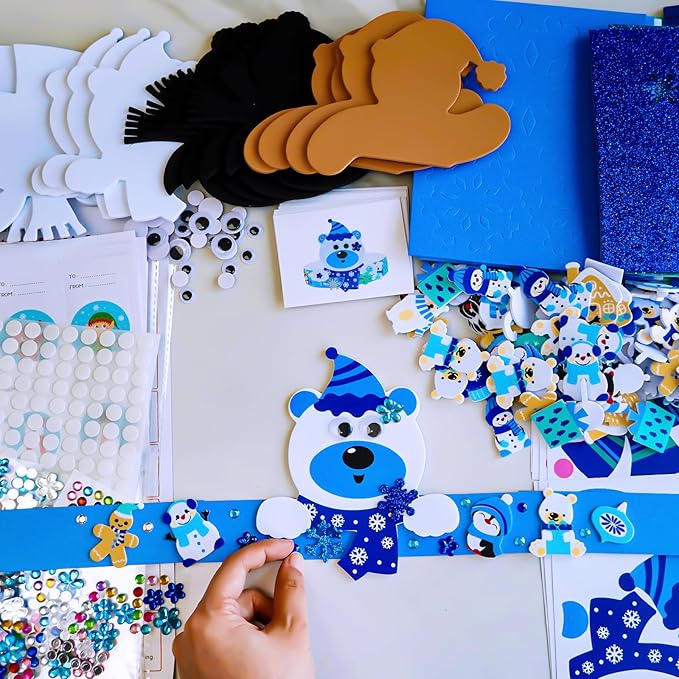 Winlyn 24 Sets Winter Craft Kits Christmas Crafts DIY Winter Holiday Headbands Craft Kits Snowflake Snowman Penguin Foam Stickers Winter Arts and Crafts for Kids Classroom Art Activities Party Favors