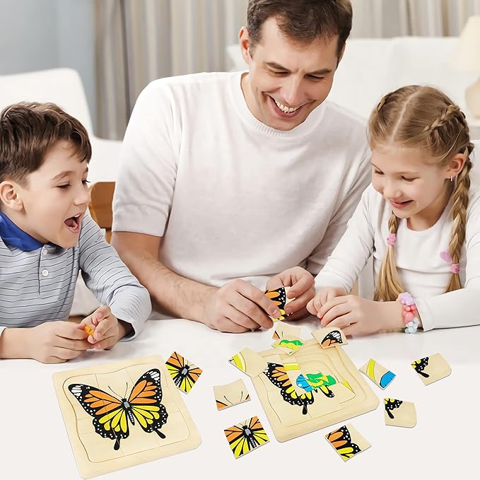 Montessori Wooden Puzzles for Kids Ages 4-8, 4 Layer Life Cycle of Butterfly Jigsaw Puzzle for Toddlers, Children Preschool Learning Educational Puzzles Toys for Boys and Girls (Butterfly)
