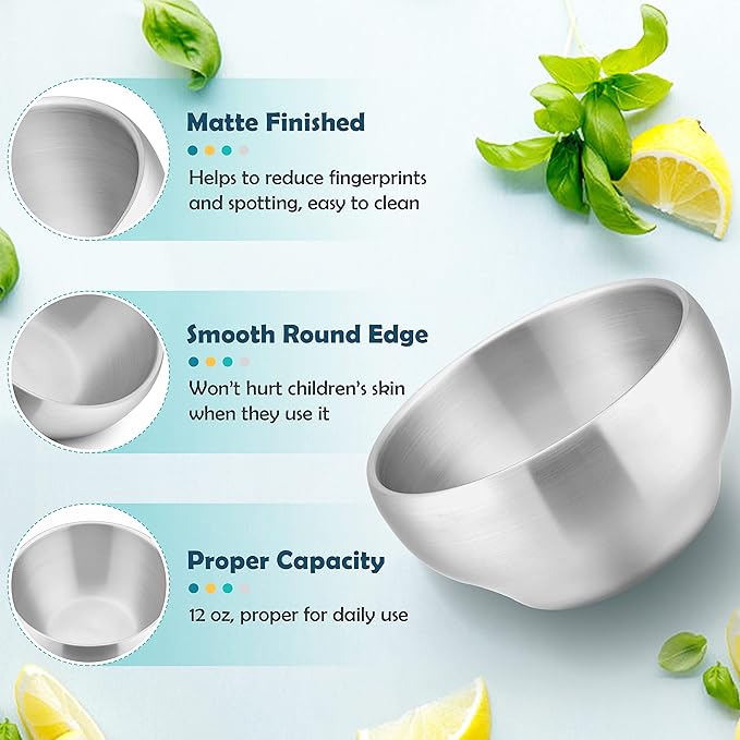 HaWare 6-Piece Kids Bowls, 12oz SUS304 Metal Bowl for Toddler Children, Small Baby Bowls for Feeding/Soup/Snacks, Multipurpose 18/8 Stainless Steel Cereal Bowls, Double Walled, Dishwasher Safe
