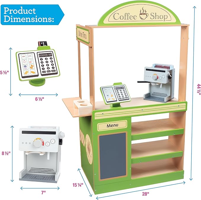 Pretend Coffee Shop Wooden Playset- Drive Thru Window Fun- Includes Frappuccino w Straws Espresso Maker Bread Pastries Rotating Cash Register, Coffee Cups, Apron- 25+ Cute Play Pieces! Kids Gift