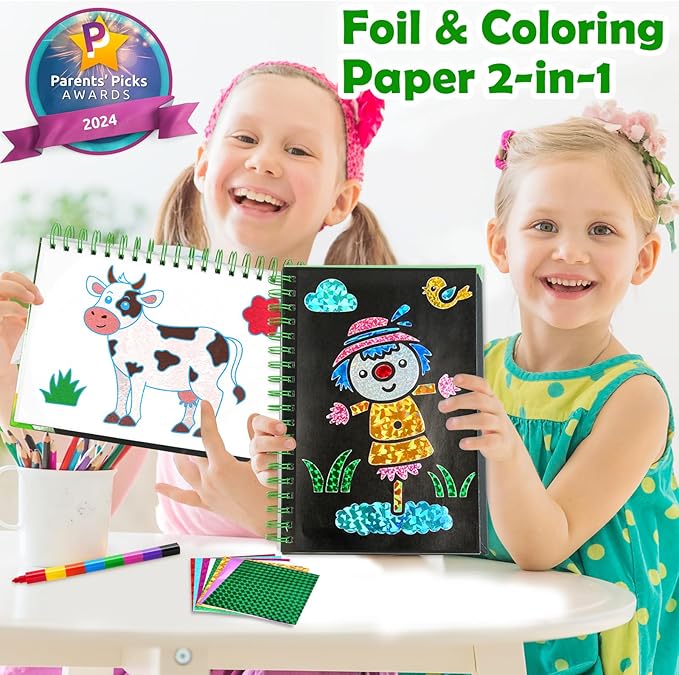 Foil Art Craft Activity for Kids: Fun DIY Toy Sticker Kit, No Mess Creative Travel Supply Set, Idea Birthday Easter Basket Stuffers Valentines Gift for Girl Boy Toddler 4 5 6 7 8 9 Year Old (Farm)