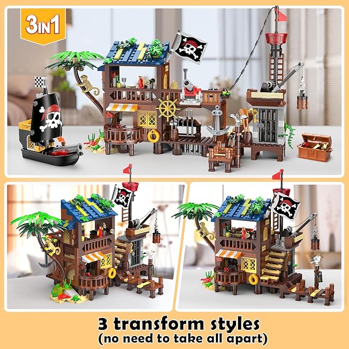 HOGOKIDS Pirate Ship House Building Set with LED Light - 3 Style Modes Pirate Wharf Supply Center Building Block Set, 781PCS STEM Bricks Kit for Kids Girls Boys Ages 6-12+ Birthday Gifts