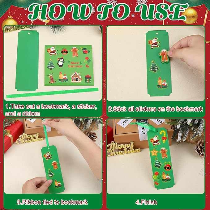 JUNEBRUSHS 30 Sets Christmas Craft Kits, DIY Christmas Bookmarks Craft with Assorted Snowman Santa Gingerbread Stickers Christmas Ornament Crafts Classroom Activities Party Favors