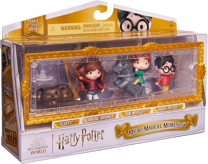 Wizarding World Harry Potter, Micro Magical Moments Scene Gift Set with Exclusive Harry, Hermione, Ron, Fluffy Action Figures & Case, Kids Toys