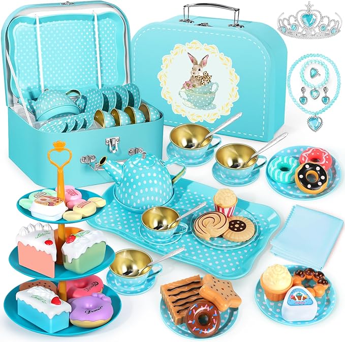 Tea Party Set for Little Girls, 49PCS Princess Tea Time Toys Including Tea Set Dessert Carrying Case, Kids Kitchen Pretend Playset (Bunny Tea Party Set Blue)