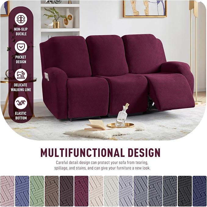 KinCam Recliner Covers, Stretch Reclining Chair Covers, Recliner Sofa Slipcovers Stripe Jacquard Recliner Couch Covers Furniture Protector Covers for Pet Kid (3 Seater, Burgundy)