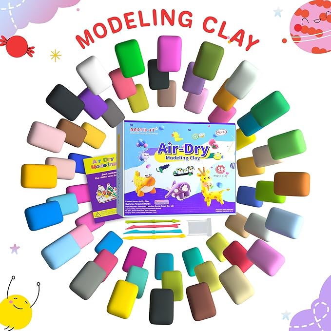 Air Dry Clay 56 Colors, Modeling Clay for Kids, DIY Model Magic Clay, Molding Clay Kit with Sculpting Tools, Non-Sticky Soft and Super Light, Arts and Crafts Gift for Boys Girls Kids.
