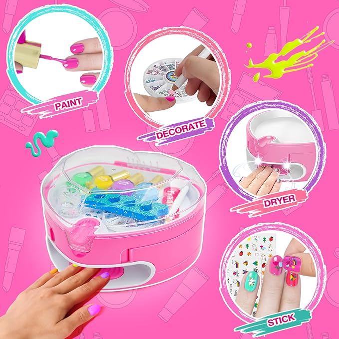 BATTOP Kids Nail Polish Set for Girls, Nail Art Kit for Kids with All-in-One Organizer Nail Dryer, Polish, Stickers, Gems, Filer - Ideas Gift for Girls 6 7 8 9 10 11 12 - Dress-Up Toy