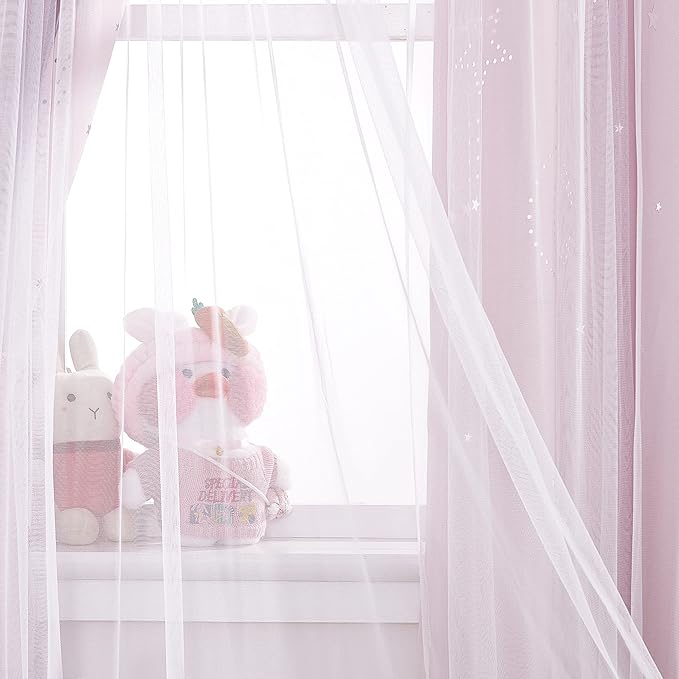 NICETOWN Kids Blackout Curtains for Bedroom - Grommet Thermal Insulated Hollow-Out Moon Star Double Layer Curtains for Nursery Living Room, Set of 2 Panels, 34 x 84 Inch Long, Pink