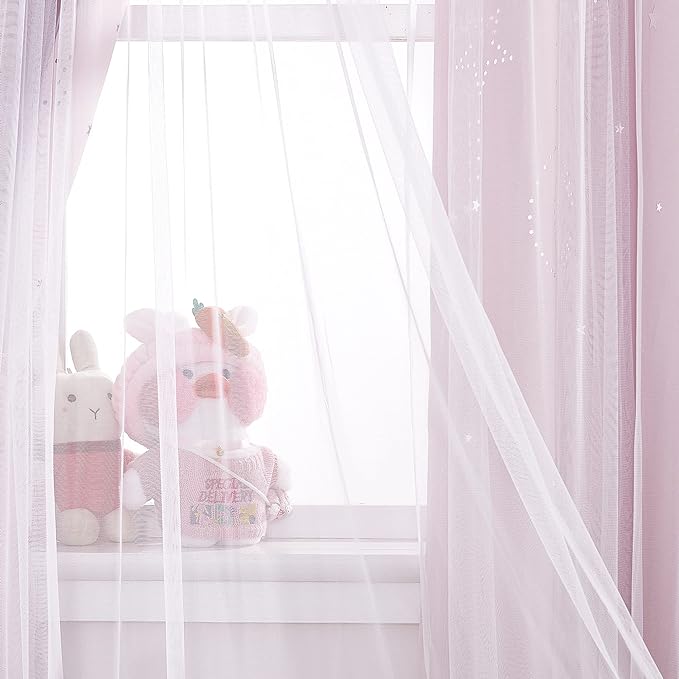 NICETOWN Baby Pink Blackout Curtains for Kid's Bedroom - Grommet Thermal Insulated Room Darkening Moon Stars Cutout Curtains for Living Room, Set of 2 Panels (34 x 63 Inch, Pink & Grey)