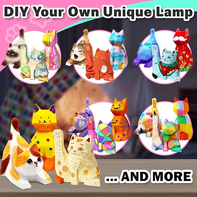 FUNZBO 3Pcs Paint Your Own Cat Lamp Kit - Art & Craft Supplies Kitten Painting Kits, Arts and Crafts for Kids Adults, DIY Night Light Toys Christmas Gift for Girls Boys Ages 3 4 5 6 7 8 9 10 11 12 13+